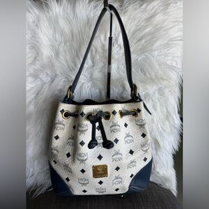 MCM White Visetos Monogram Drawstring Bucket